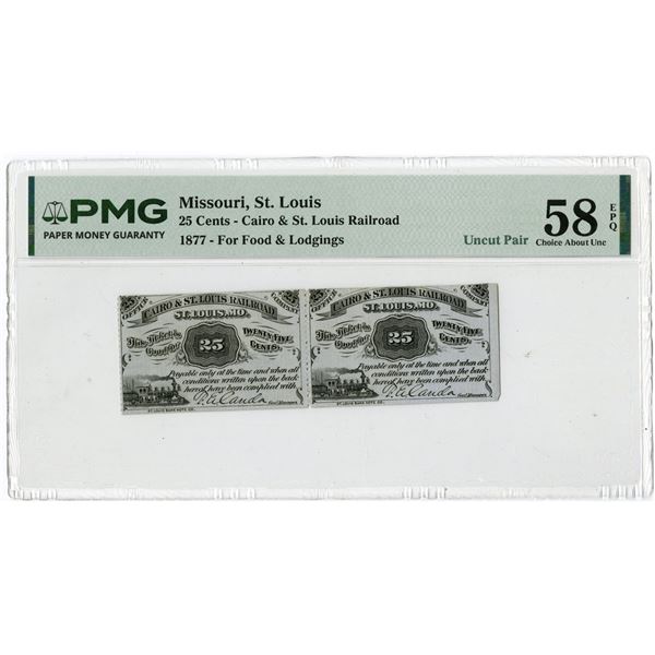 MO. Cairo & St. Louis Railroad Company, 1877, Issued Uncut Pair of Obsolete Scrip Notes for Food & L