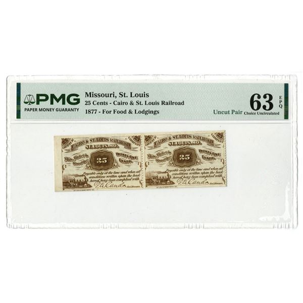 MO. Cairo & St. Louis Railroad Company, 1877, Uncut Obsolete Specimen Scrip Note Pair for Food & Lod