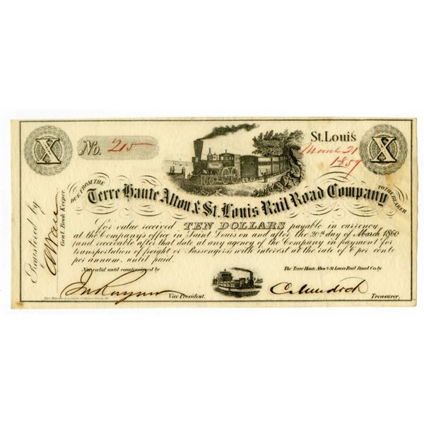 MO. Terre Haute Alton & St. Louis Rail Road Co., 1859, Issued Payment Certificate.