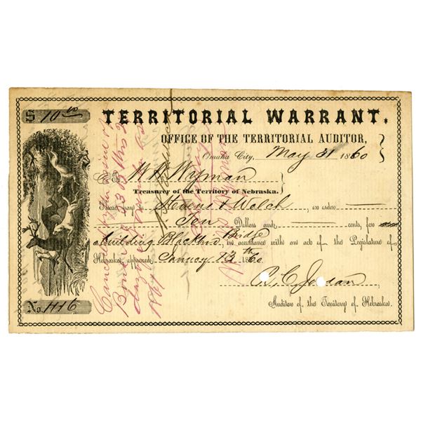 Nebraska Territory. Office of the Territorial Auditor, 1860, I/C Territorial Warrant.