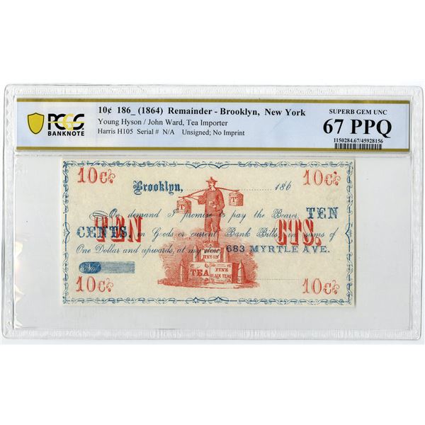 NY. Young Hyson/John Ward Tea Importer, 1864, Unissued Banknote.