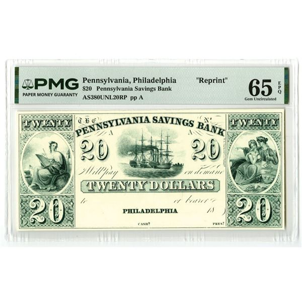 PA. Pennsylvania Savings Bank, 18xx (Reprinted in ca.1940-60s), $20, Proprietary-Reprint Obsolete Ba