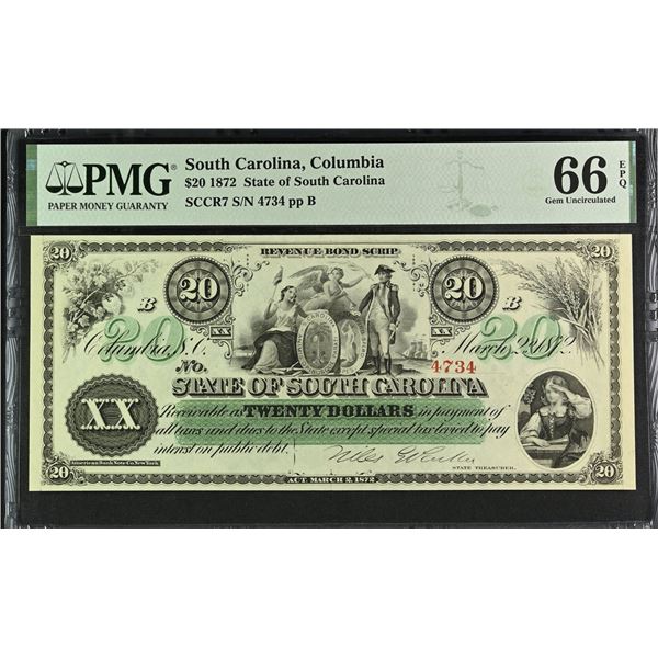 SC. State of South Carolina, Columbia. $20 Revenue Bond Scrip, 1872, Cr. 7, Issued Banknote, PMG Gem