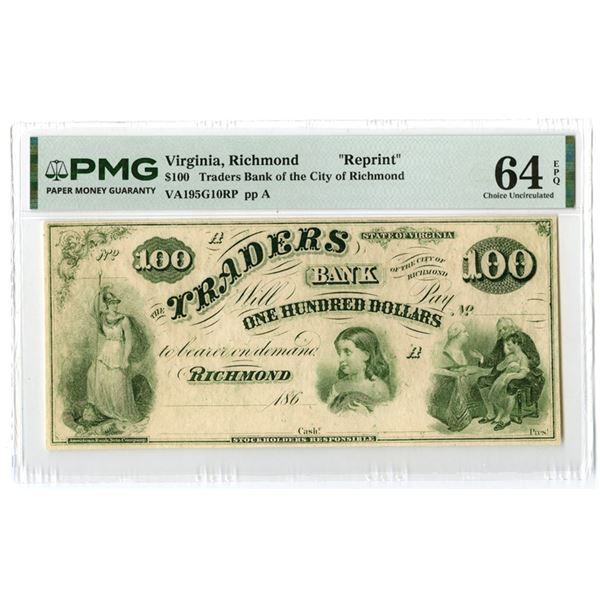 VA. Traders Bank of the City of Richmond, ND (1860s), $100 Reprint Obsolete Banknote.