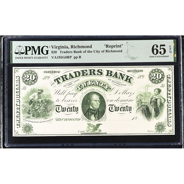 VA. Traders Bank of the City of Richmond. $20 Obsolete Banknote, Reprint, PMG Gem Uncirculated 65 EP