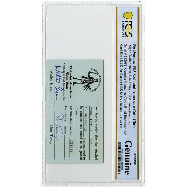 Colonial American Coin Club, ND (2000s), Grading Card Signed by Walter Breen.