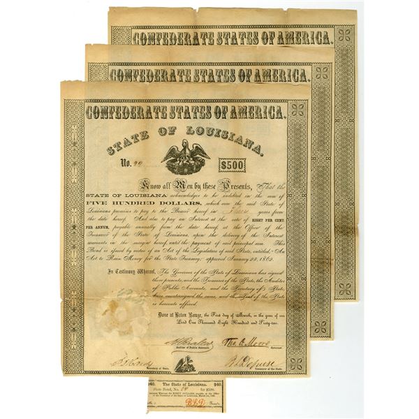 LA. State of Louisiana, C.S.A., 1862, I/U $500 Bond Trio, with Low S/Ns 29, 30 & 36.