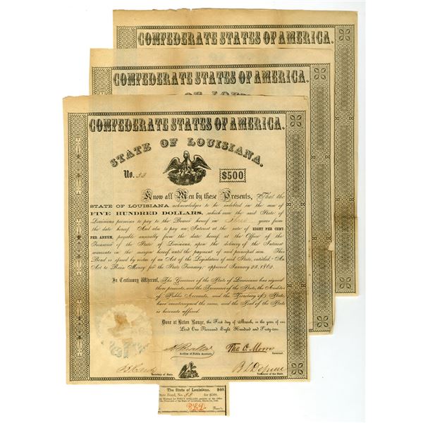 LA. State of Louisiana, C.S.A., 1862, I/U $500 Sequential Bond Trio, with Low S/Ns 33 to 35.