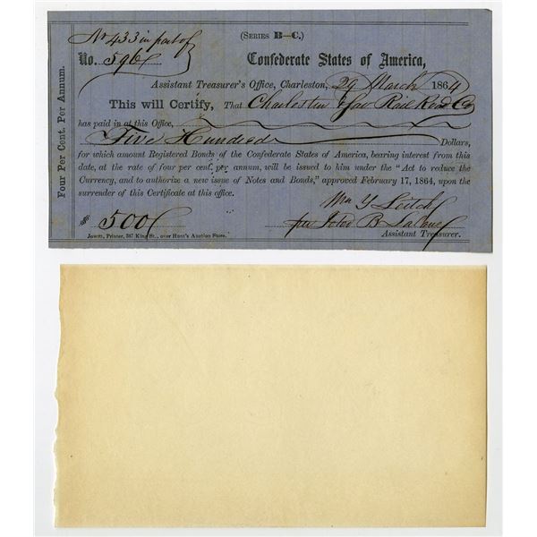SC. C.S.A. Registered Bond Purchase Receipt and Watermarked C.S.A. Banknote Paper from Shipwreck Sal