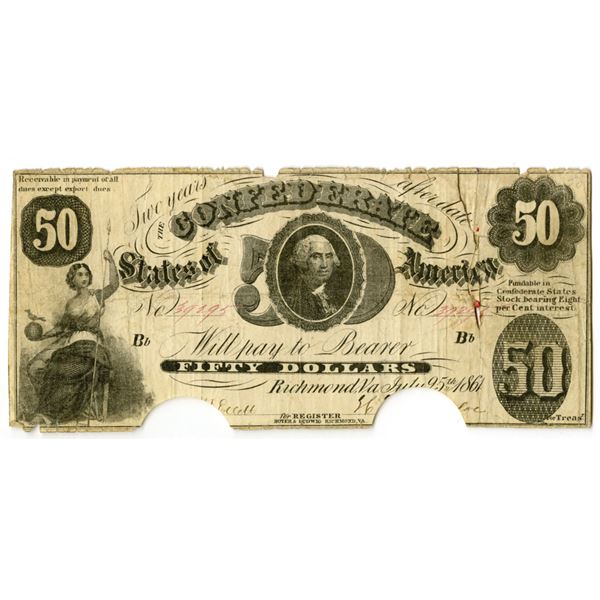 VA. C.S.A, July 25, 1861, $50, T-8, I/C Banknote.