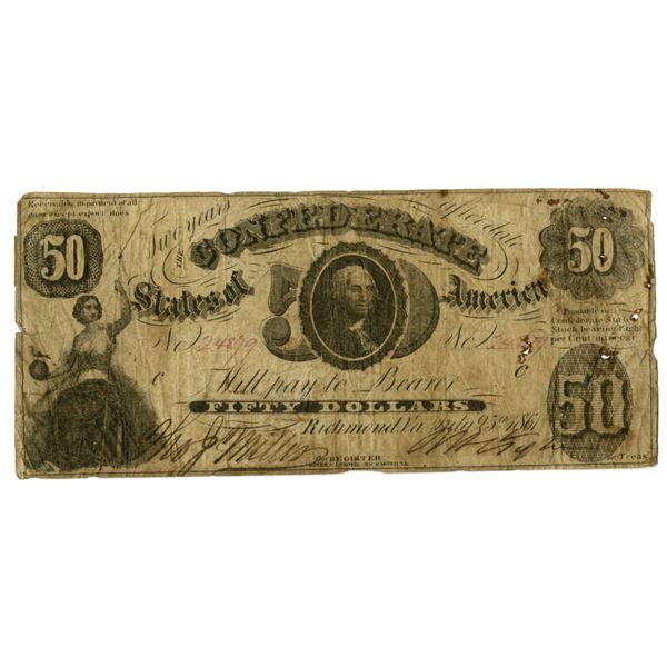 VA. C.S.A, July 25, 1861, $50, T-8, Issued Banknote.
