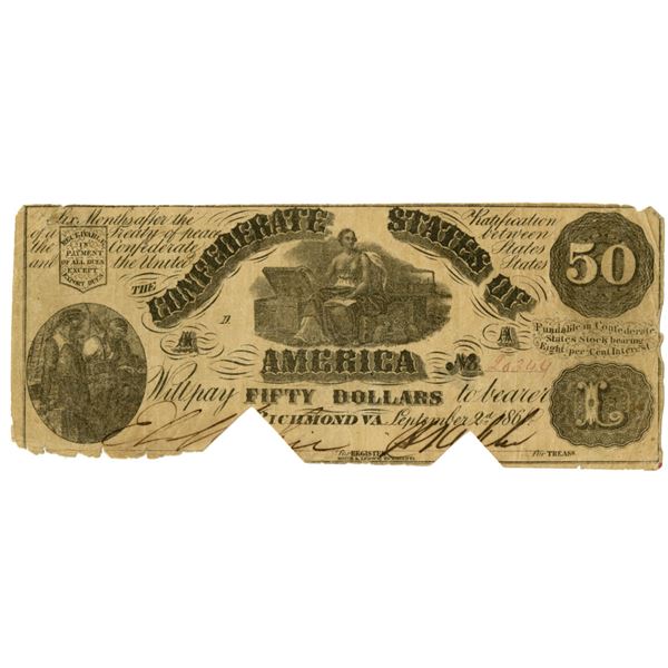 VA. C.S.A, September 2, 1861, $50, T-14, I/C Banknote.