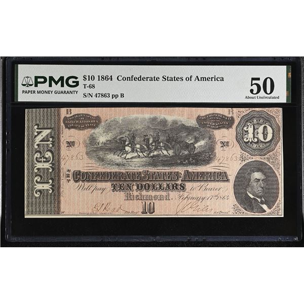 VA. C.S.A., $10, 1864, T-68, Issued Banknote, PMG About Uncirculated 50