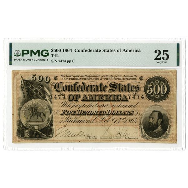 VA. C.S.A., February 17, 1864, $500, T-64, Issued Banknote with Repeater and Low Serial Number "7474