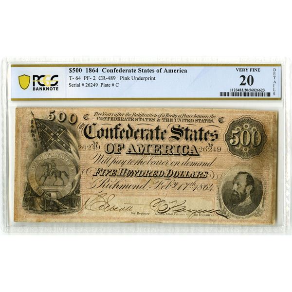 VA. C.S.A., $500, 1864, T-64, Issued Banknote, PCGS Very Fine 20 Details