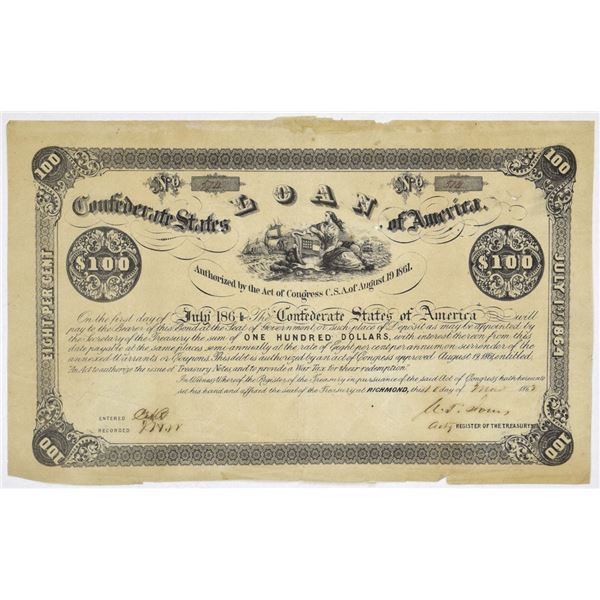 VA. C.S.A., 1863, Ball #30, Cr-22, $100, I/C Bond.