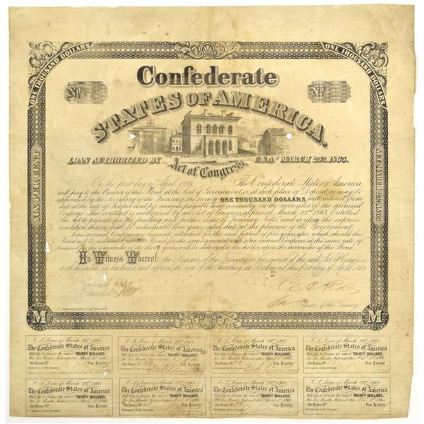 VA. C.S.A., 1863, Criswell CR-130A,  $1000, I/U Coupon Bond.