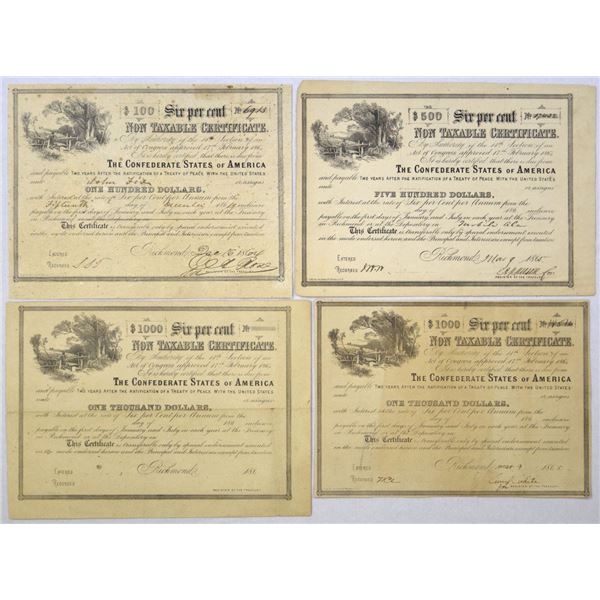 VA. C.S.A. Non Taxable 6% Certificate, 1864 to 1865, Bond Quartet.