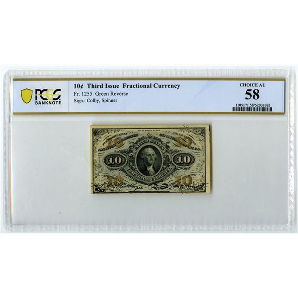D.C. Third Issue Fractional Currency, 10 Cents, Fr.# 1255, Issued Banknote, PCGS Choice About Uncirc