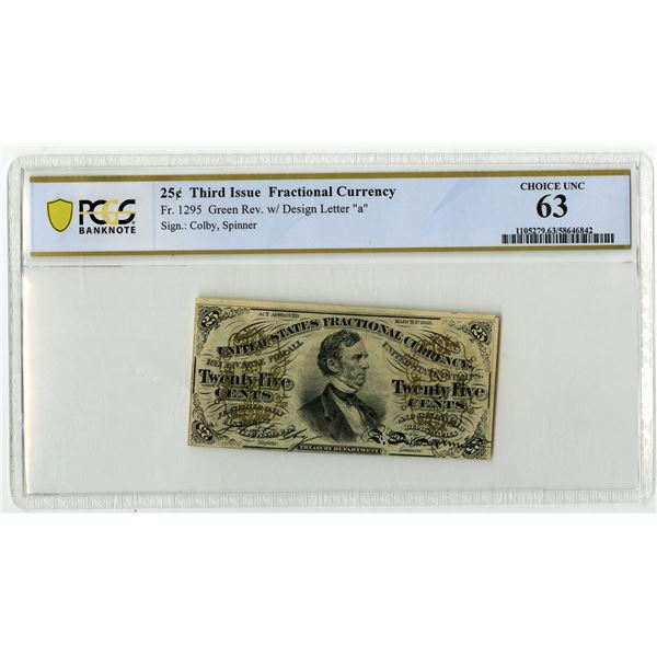 D.C. Third Issue Fractional Currency, 25 Cents, Fr.# 1295, Issued Banknote, PCGS Choice Uncirculated