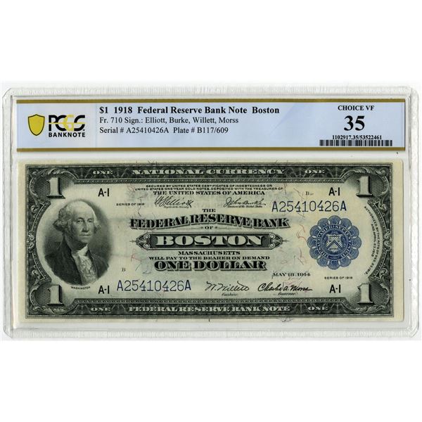 U.S. Federal Reserve Bank Note, Boston. 1918 $1, Fr.# 710, Issued Banknote, PCGS Choice Very Fine 35