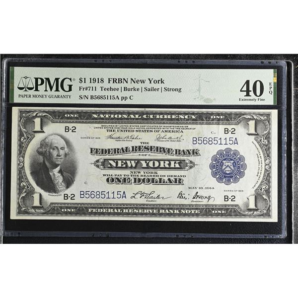 U.S. Federal Reserve Bank Note, New York. 1918 $1, Fr.# 711, Issued Banknote, PMG Extremely Fine 40 
