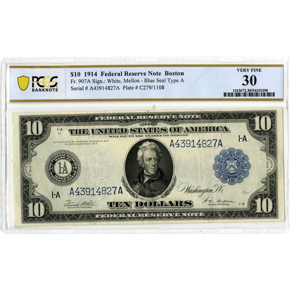 U.S. Federal Reserve Note, Boston. 1914 $10, Fr.# 907A, Issued Banknote, PCGS Very Fine 30
