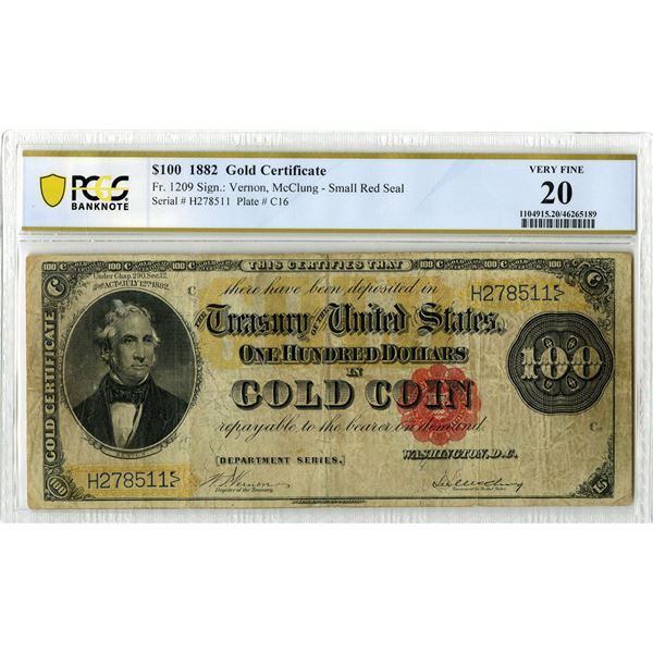 U.S. Gold Certificate. 1882 $100, Fr.# 1209, Issued Banknote, PCGS Very Fine 20