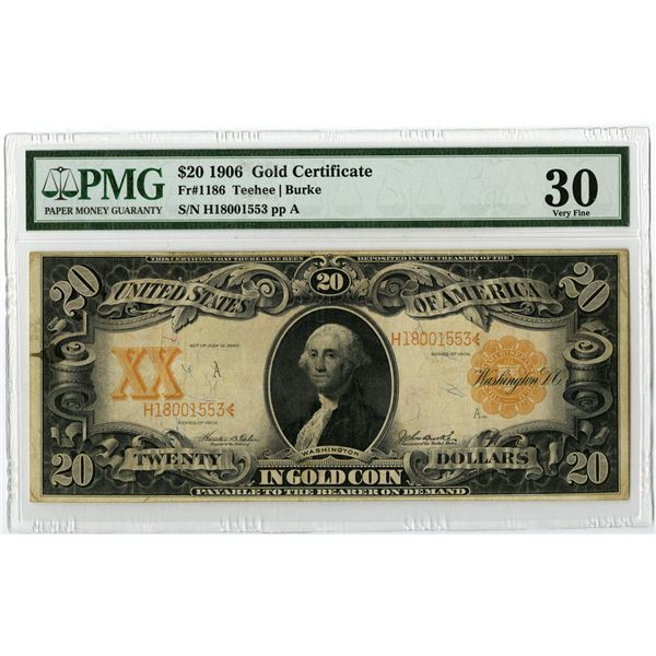 U.S. Gold Certificate. 1906 $20, Fr.# 1186, Issued Banknote, PMG Very Fine 30