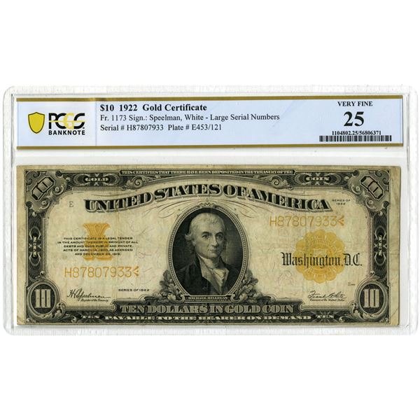 U.S. Gold Certificate. 1922 $10, Fr.# 1173, Issued Banknote, PCGS Very Fine 25