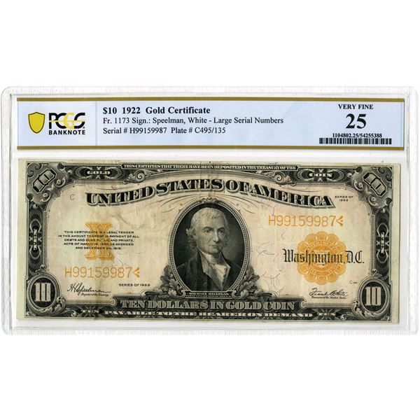 U.S. Gold Certificate. 1922 $10, Fr.# 1173, Issued Banknote, PCGS Very Fine 25