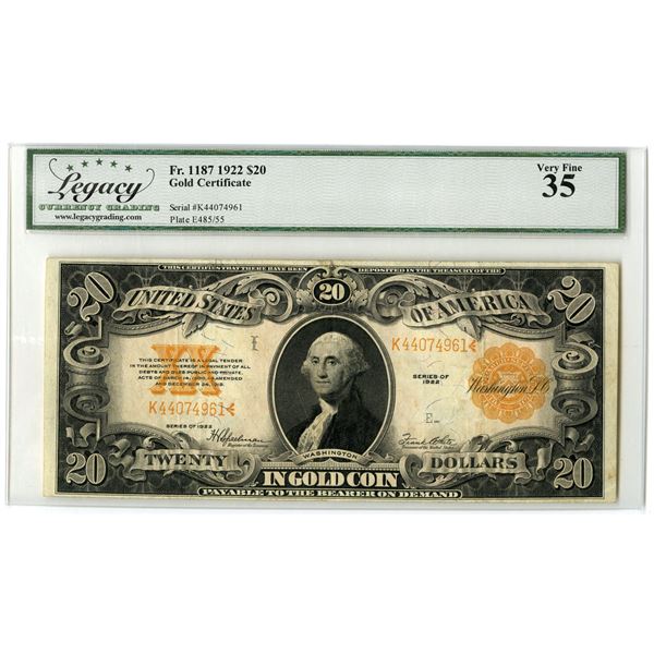 U.S. Gold Certificate. 1922 $20, Fr.# 1187, Issued Banknote, Legacy Very Fine 35