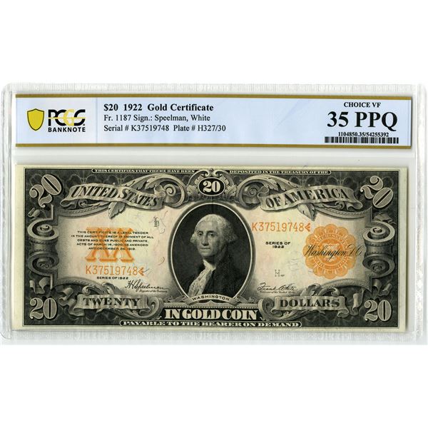 U.S. Gold Certificate. 1922 $20, Fr.# 1187, Issued Banknote, PCGS Choice Very Fine 35 PPQ