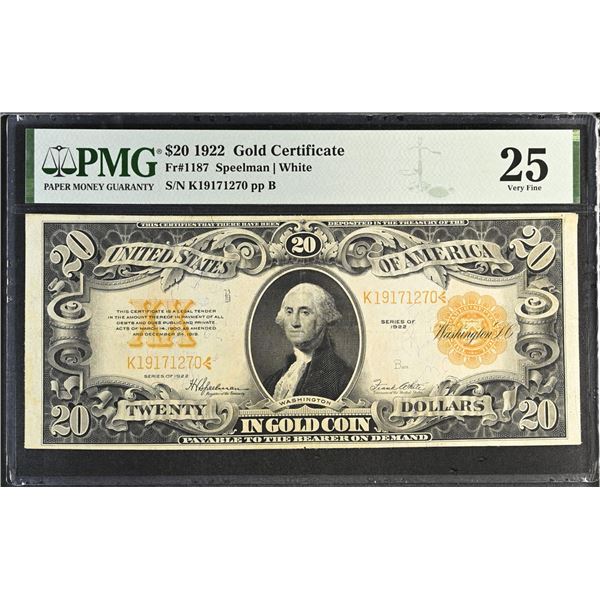 U.S. Gold Certificate. 1922 $20, Fr.# 1187, Issued Banknote, PMG Very Fine 25