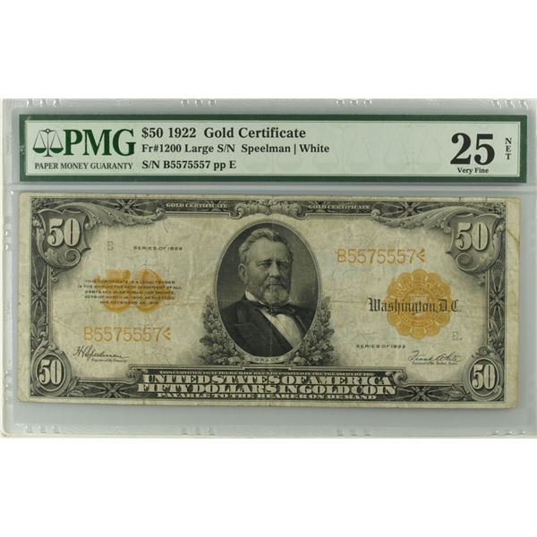 U.S. Gold Certificate. 1922 $50, Fr.# 1200, Issued Banknote, PMG Very Fine 25 NET