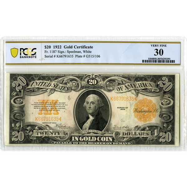 U.S. Gold Certificate. 1922 $20, Fr.# 1187, Issued Banknote, PCGS Very Fine 30