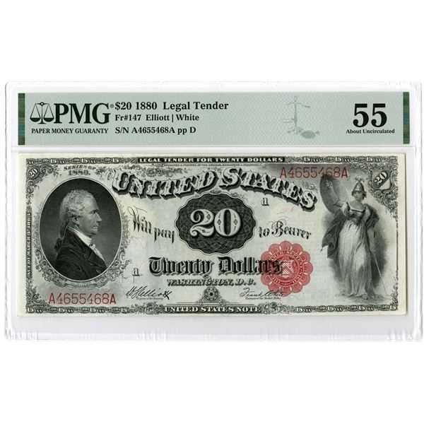 U.S. Legal Tender Note. 1880 $20, Fr.# 147, Issued Banknote, PMG About Uncirculated 55