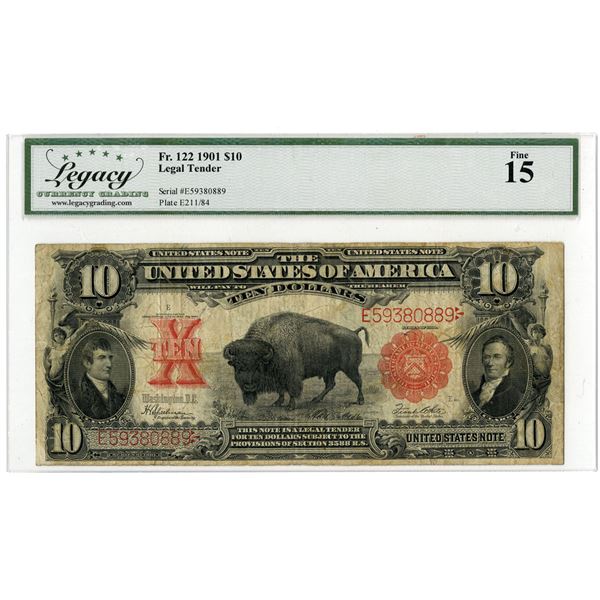 U.S. Legal Tender Note. 1901 $10, Fr.# 122, "Bison" Note, Issued Banknote, Legacy Fine 15