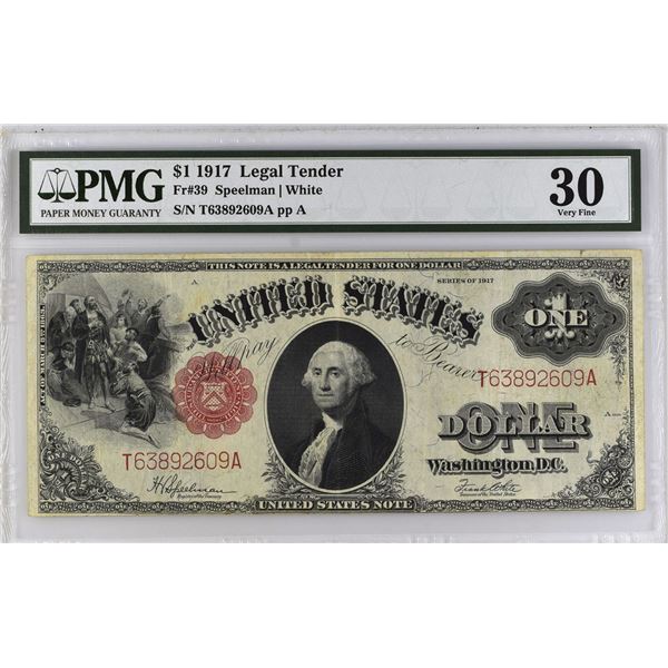 U.S. Legal Tender Note. 1917 $1, Fr.# 39, Issued Banknote, PMG Very Fine 30
