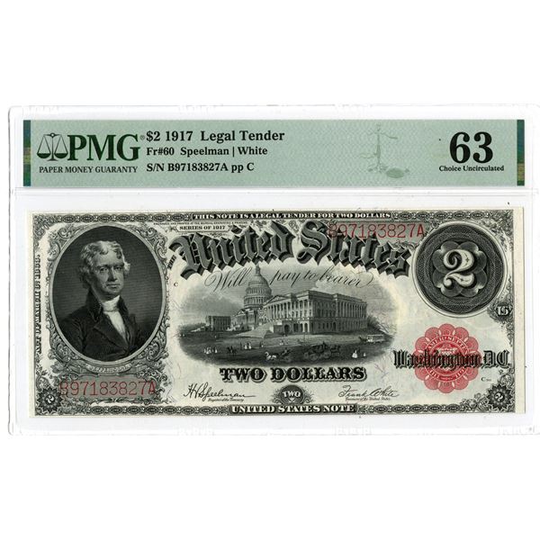 U.S. Legal Tender Note. 1917 $2, Fr.# 60, Issued Banknote, PMG Choice Uncirculated 63