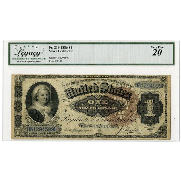 U.S. Silver Certificate. 1886 $1, Fr.# 219, Issued Banknote, Legacy Very Fine 20