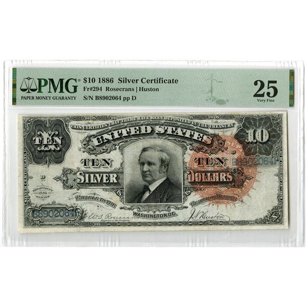 U.S. Silver Certificate. 1886 $10, Fr.# 294, Issued Banknote, PMG Very Fine 25