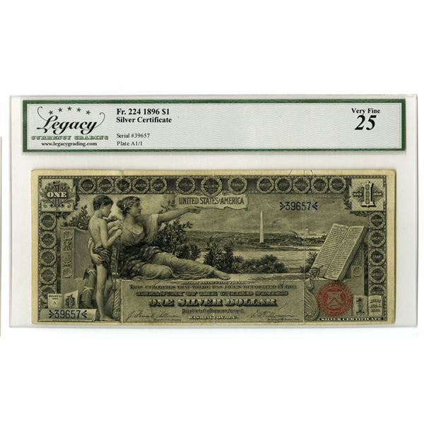 U.S. Silver Certificate. 1896 $1, Fr.# 224, Educational Series, Issued Banknote, Legacy Very Fine 25