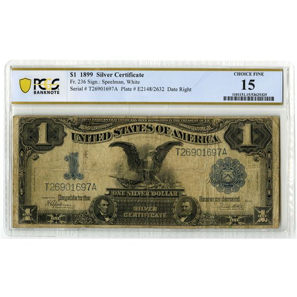 U.S. Silver Certificate. 1899 $1, Fr.# 236, "Black Eagle" Note, Issued Banknote, PCGS Choice Fine 15