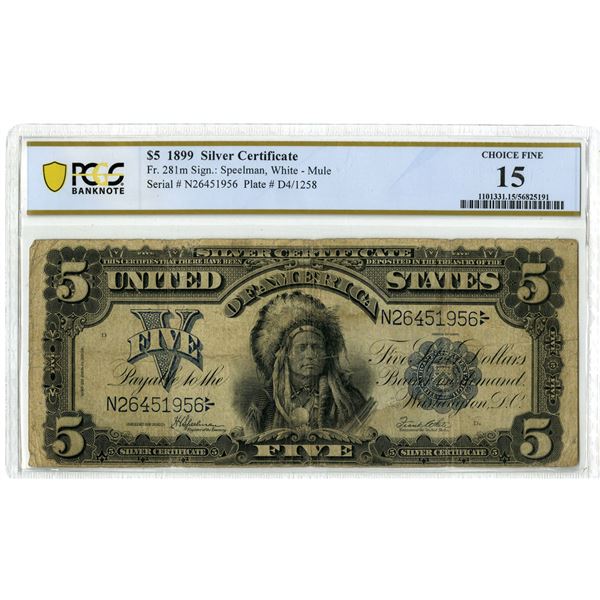 U.S. Silver Certificate. 1899 $5, Fr.# 281m, "Indian Chief" Note, Issued Banknote, PCGS Choice Fine 