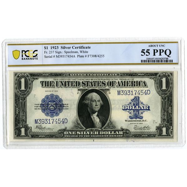 U.S. Silver Certificate. 1923 $1, Fr.# 237, Issued Banknote, PCGS About Uncirculated 55 PPQ