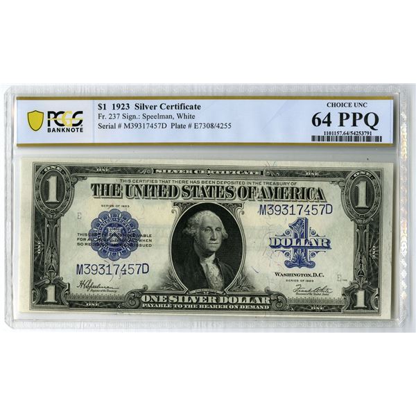 U.S. Silver Certificate. 1923 $1, Fr.# 237, Issued Banknote, PCGS Choice Uncirculated 64 PPQ