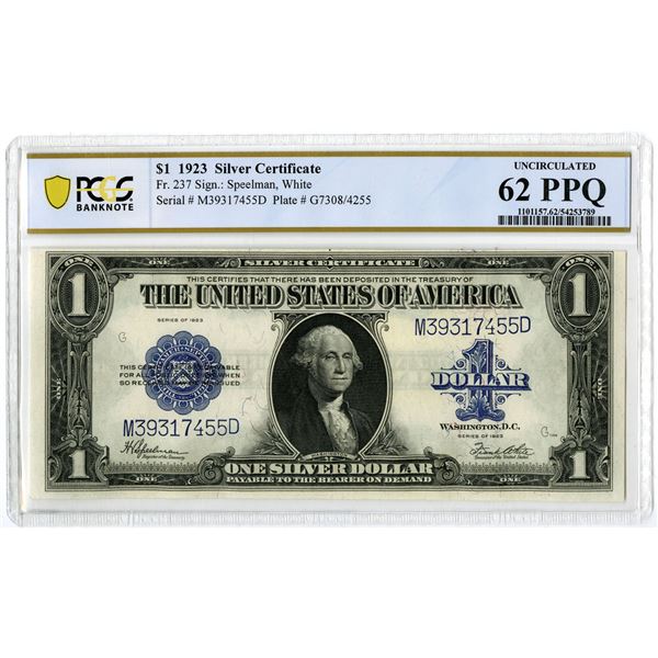 U.S. Silver Certificate. 1923 $1, Fr.# 237, Issued Banknote, PCGS Uncirculated 62 PPQ
