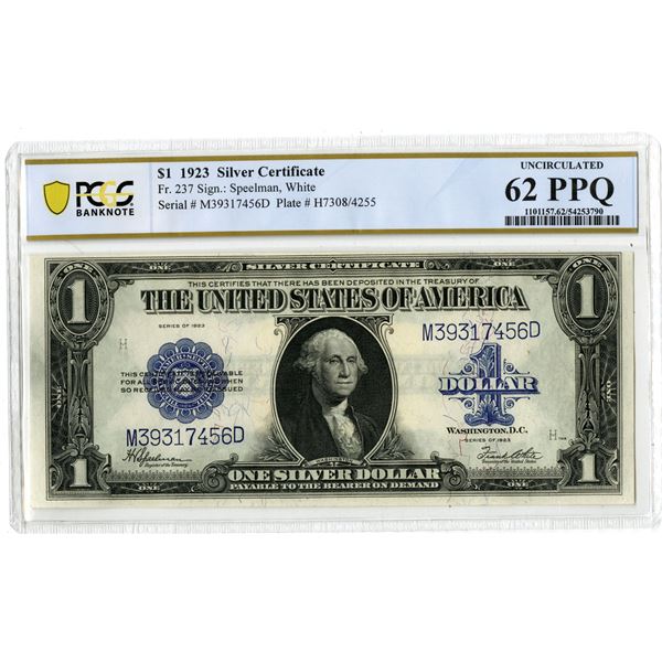U.S. Silver Certificate. 1923 $1, Fr.# 237, Issued Banknote, PCGS Uncirculated 62 PPQ