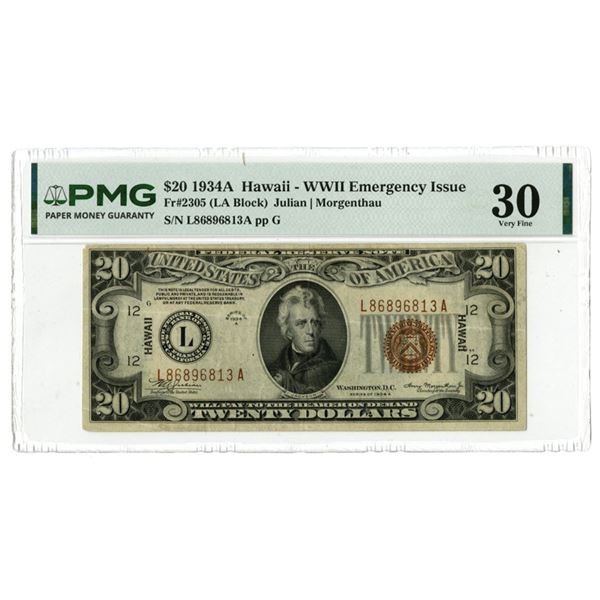 Hawaii - WWII Emergency Issue, $20 Fr# 2305, Series of 1934A, Issued Banknote.